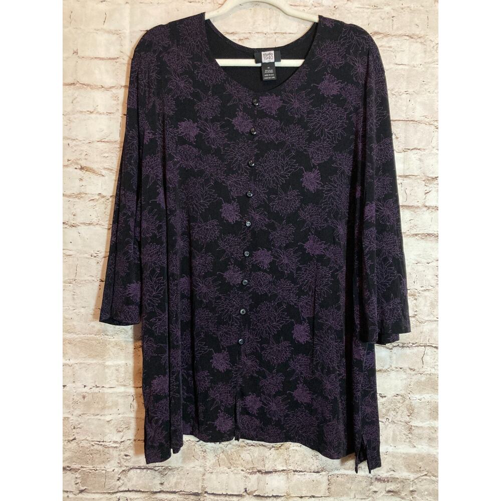 Studio 1940 Top Womens 4X Black & Purple Floral Slinky Stretch Dark Romantic